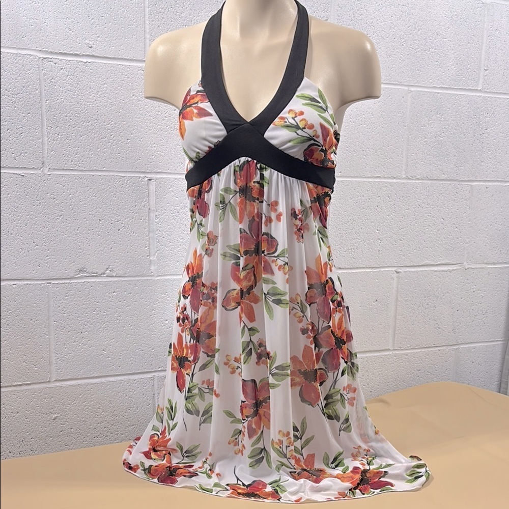 Floral Halter Dress with Black Trim​​​​